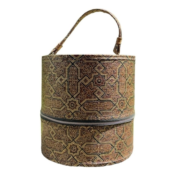 Vintage Hat Wig Carrier Travel Luggage With Handle Geometric Fleur Di Lis